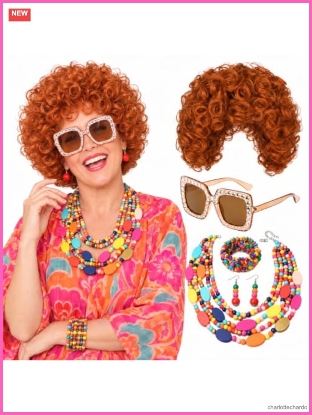 5 Pc Landlady Costume Set Curly Wig Beaded Jewelry Sunglasses Retro